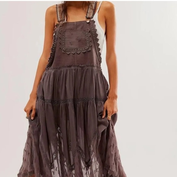 Free People Dresses & Skirts - Free People Trails End Skirtall Lace Crochet Overalls Maxi Dress Size XL Brown